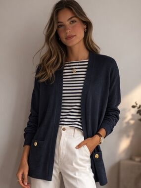 St. John Basics Navy Knit Open Front Cardigan Sz L Quiet Luxury Career Old Money